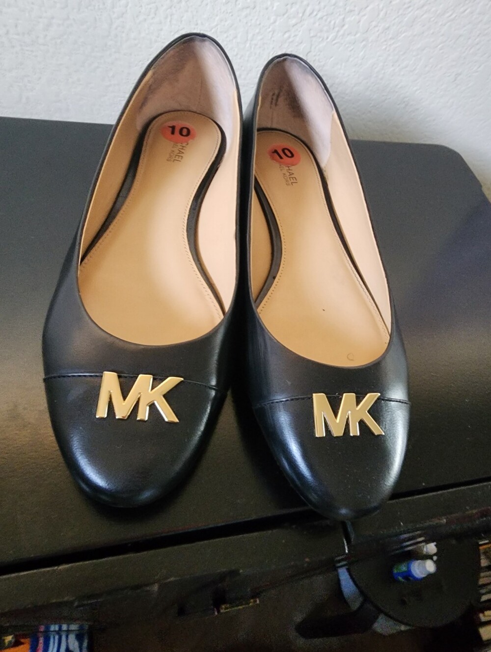 Michael Kors Black Leather Ballet Flats with Gold MK Emblem